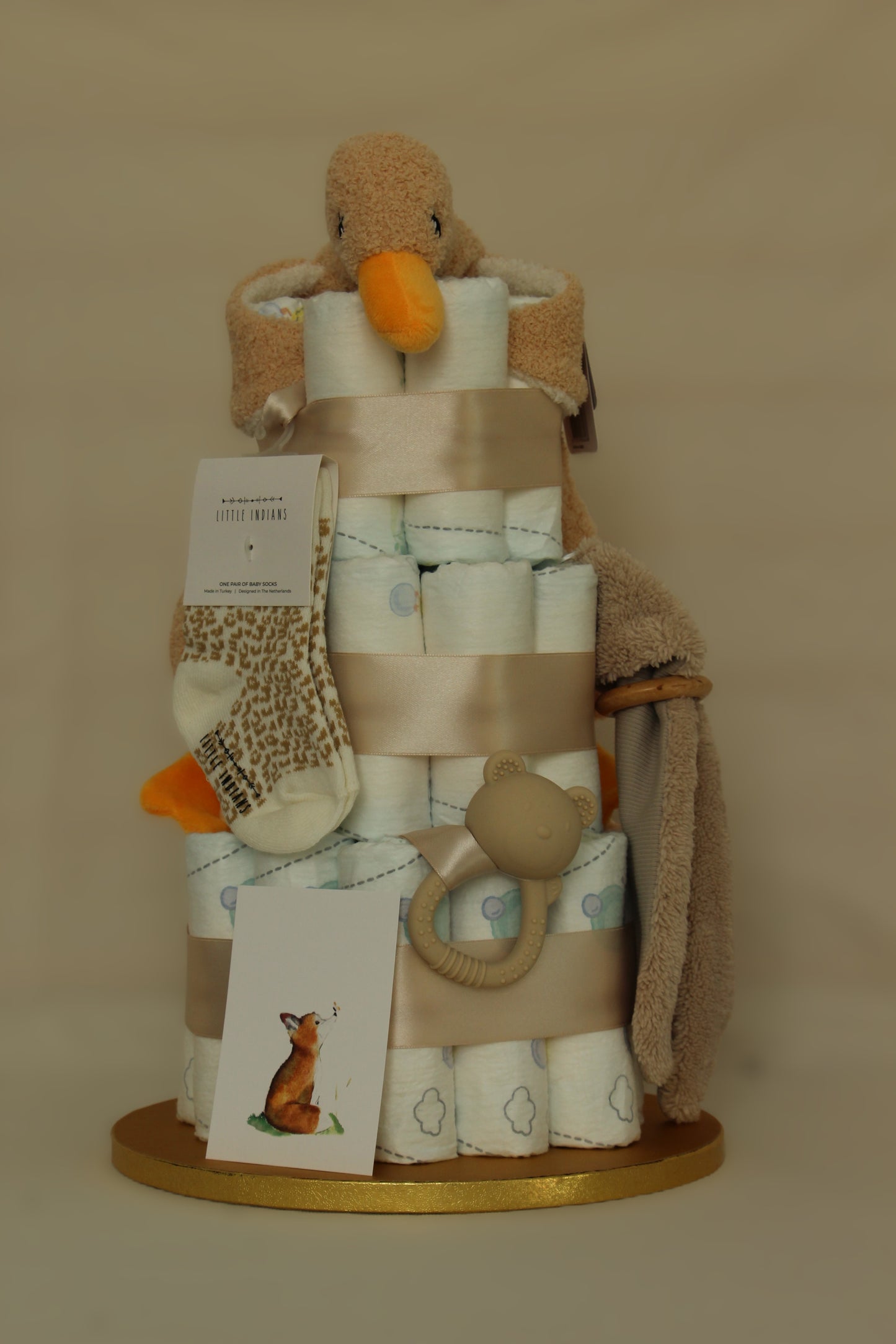 Luiertaart beige eend & fluffy konijnenoren