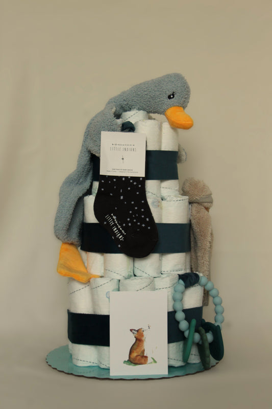Luiertaart blauwe eend & fluffy konijnenoren